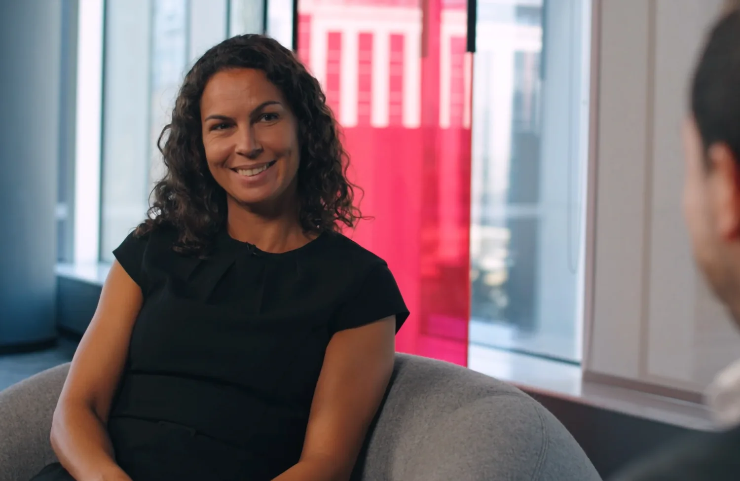 Sarah French smiling with Mario Saab during the recording of our Cundall Conversations Sustainability campaign