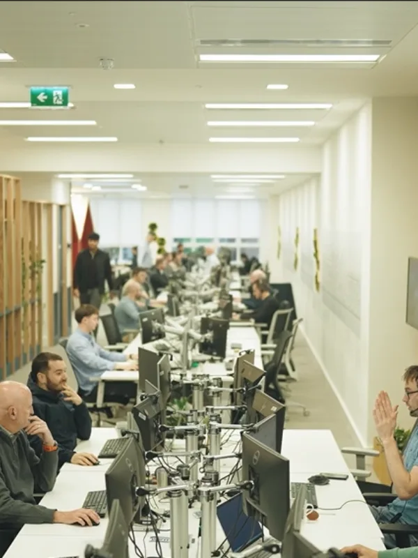 People working at computer desks in a bright open-plan office with timber details and Cundall branding.