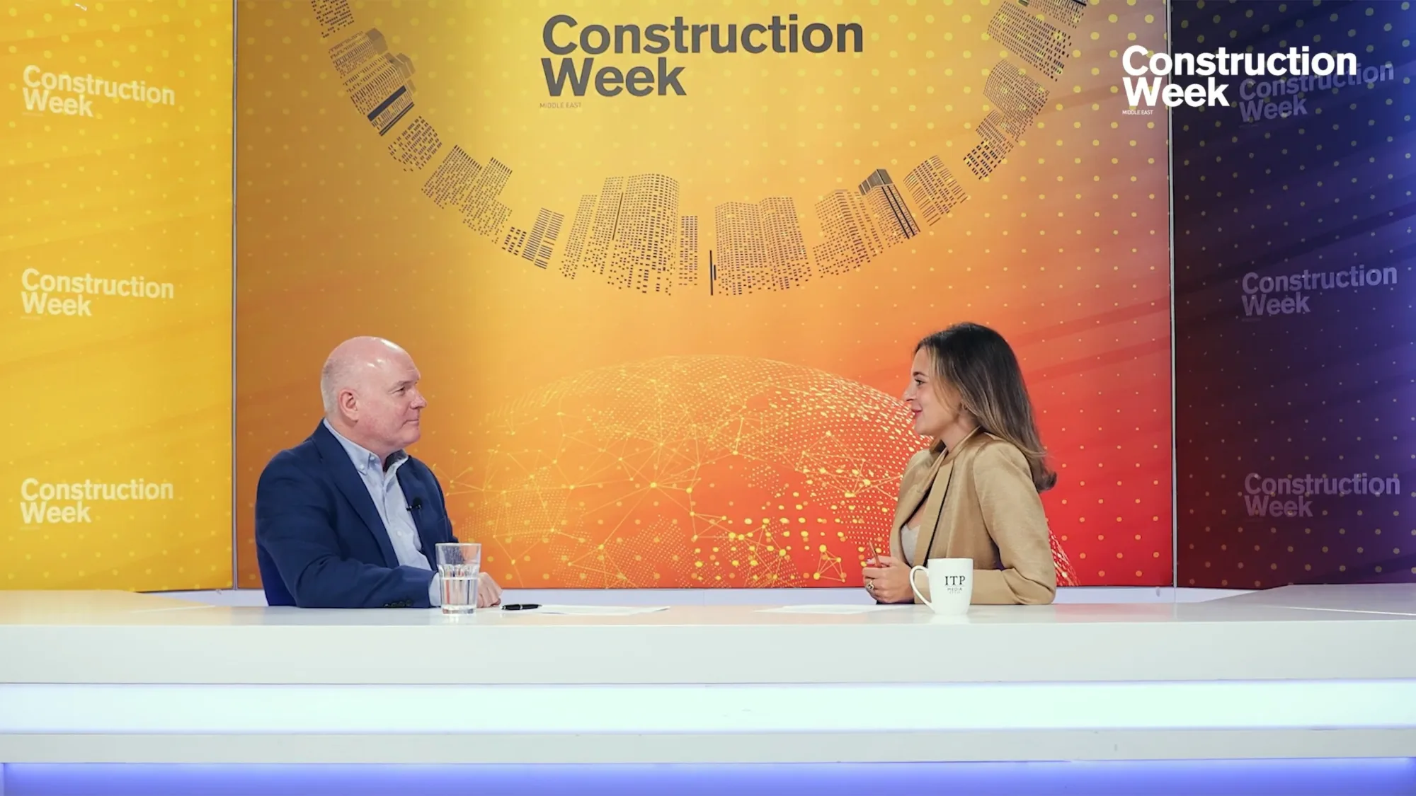 Richard Stratton being interviewed in a broadcasting studio on Construction Week