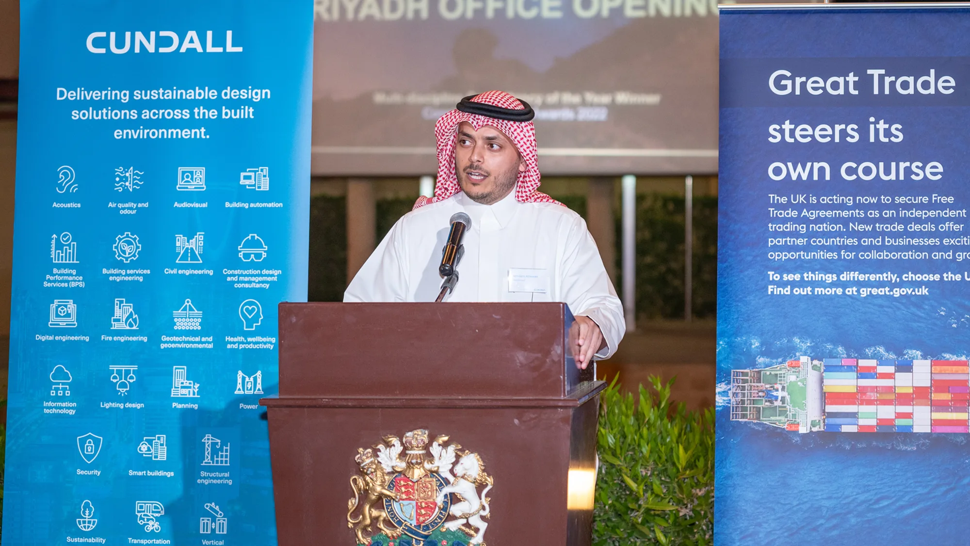 Our local partner in Saudi Arabia, Abdulaziz AlBassam (managing partner of MABconsult) giving a speech in a podium.
