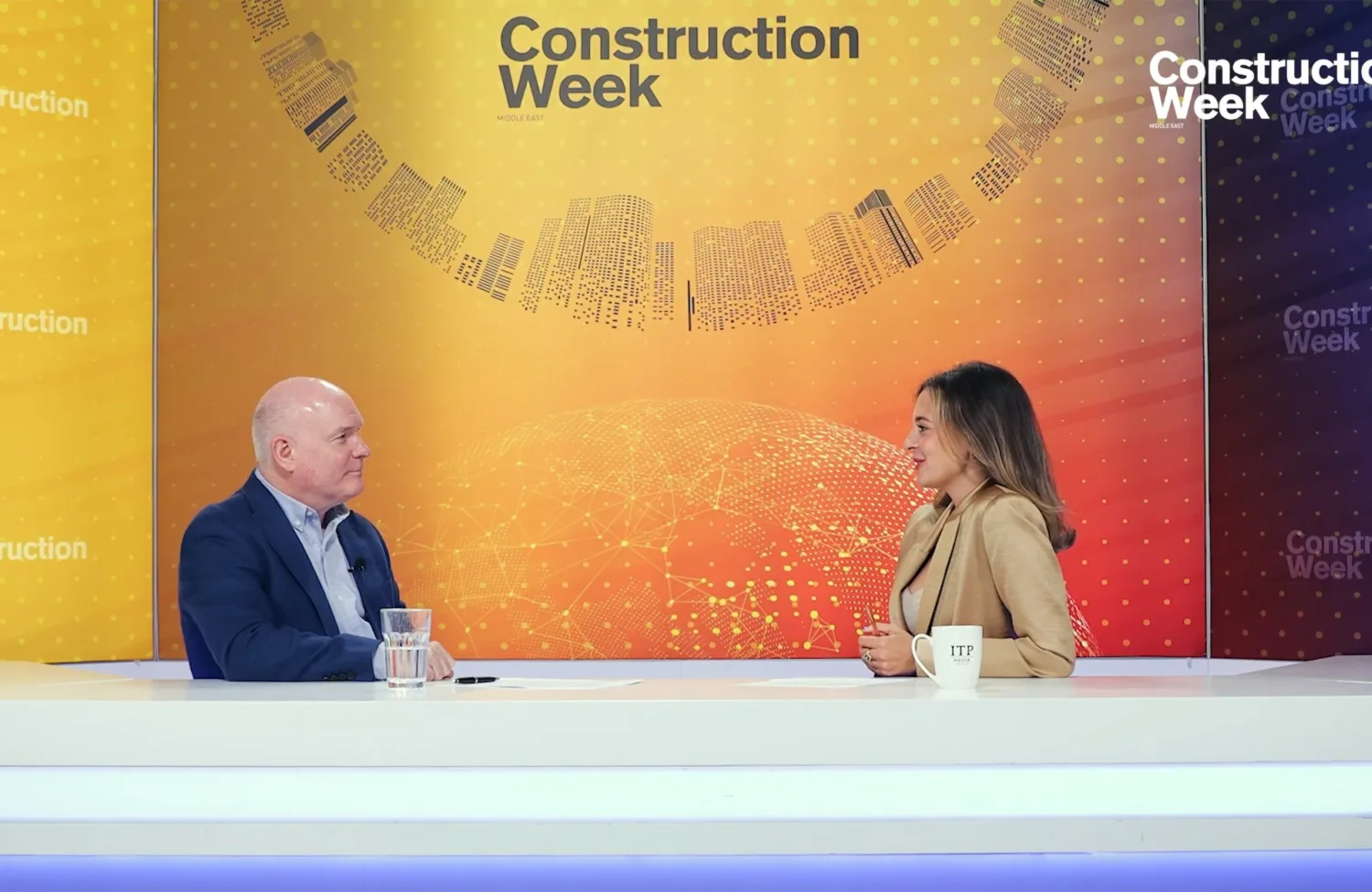 Richard Stratton being interviewed in a broadcasting studio on Construction Week