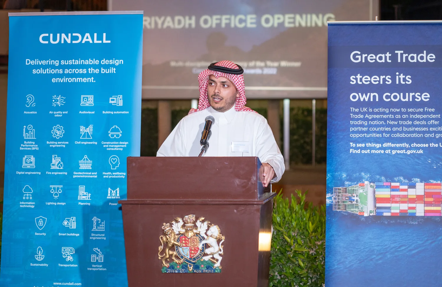 Our local partner in Saudi Arabia, Abdulaziz AlBassam (managing partner of MABconsult) giving a speech in a podium.