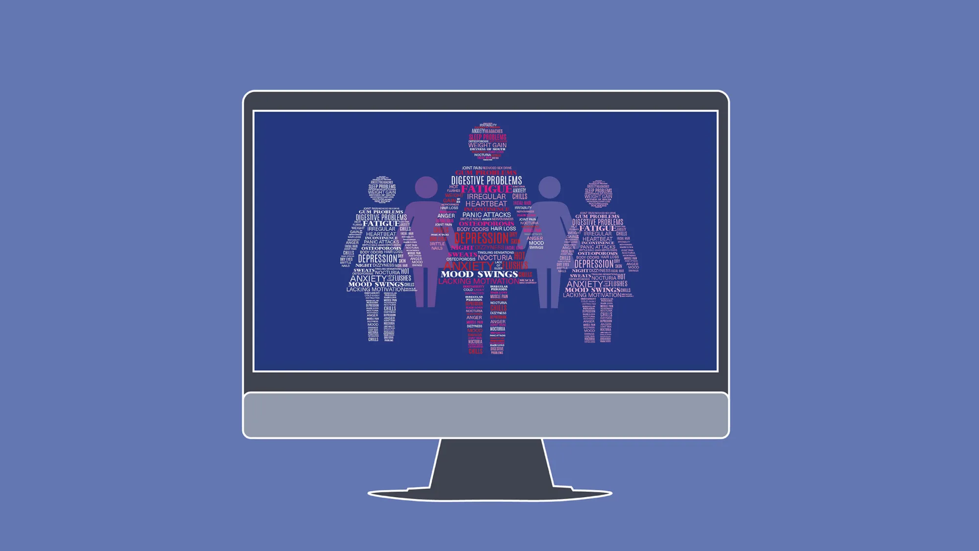 Illustration of a monitor with a word collage of women, showing menopause symptoms.