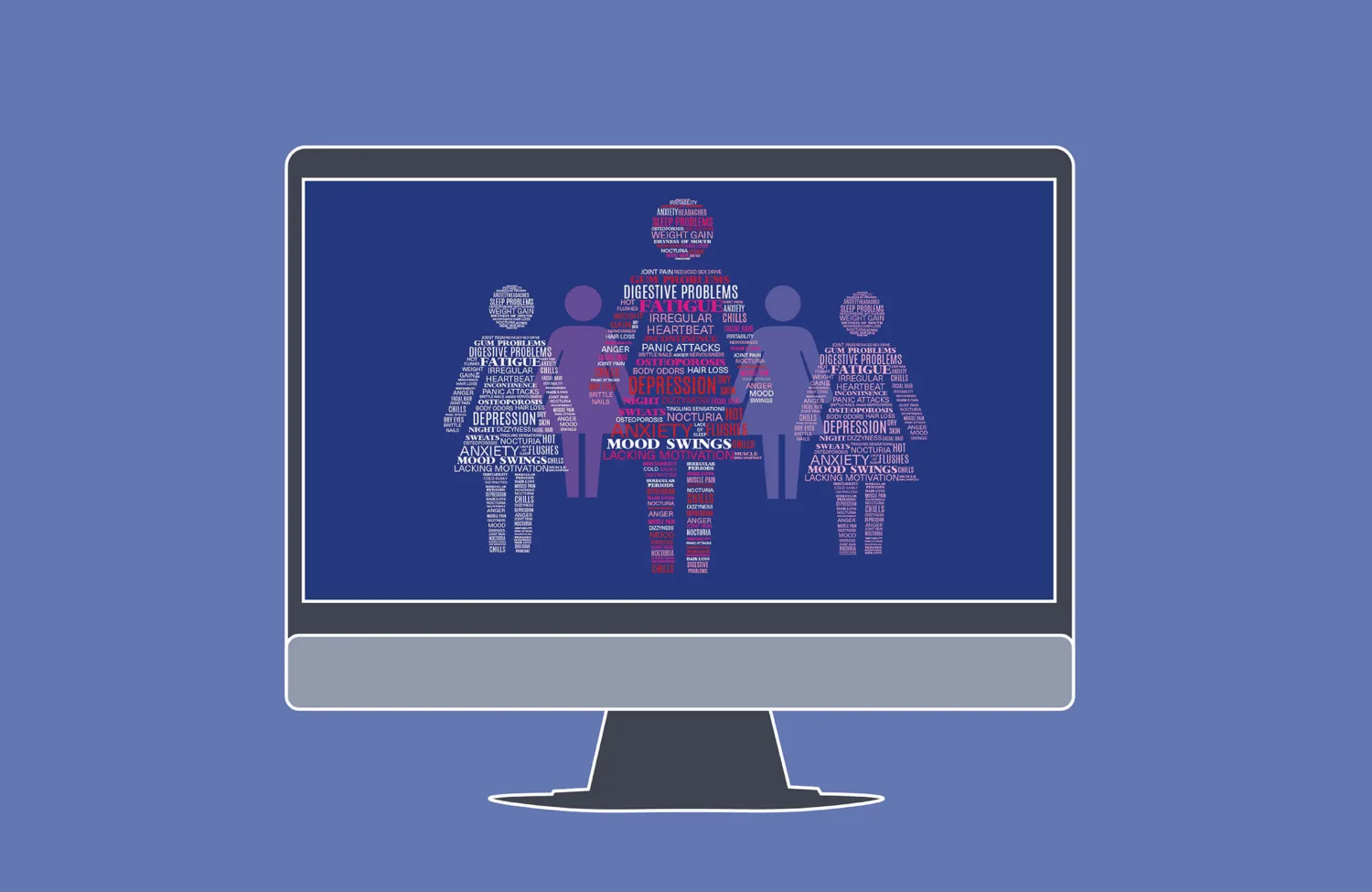 Illustration of a monitor with a word collage of women, showing menopause symptoms.