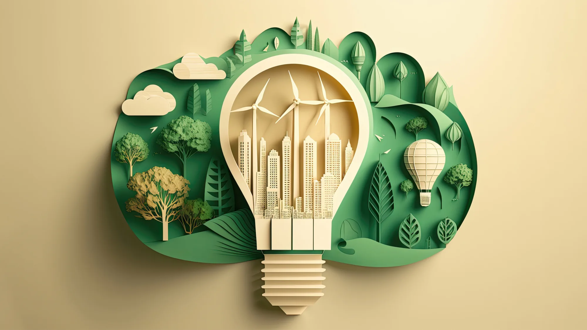 Paper cut of light bulb with green eco city. Generative AI