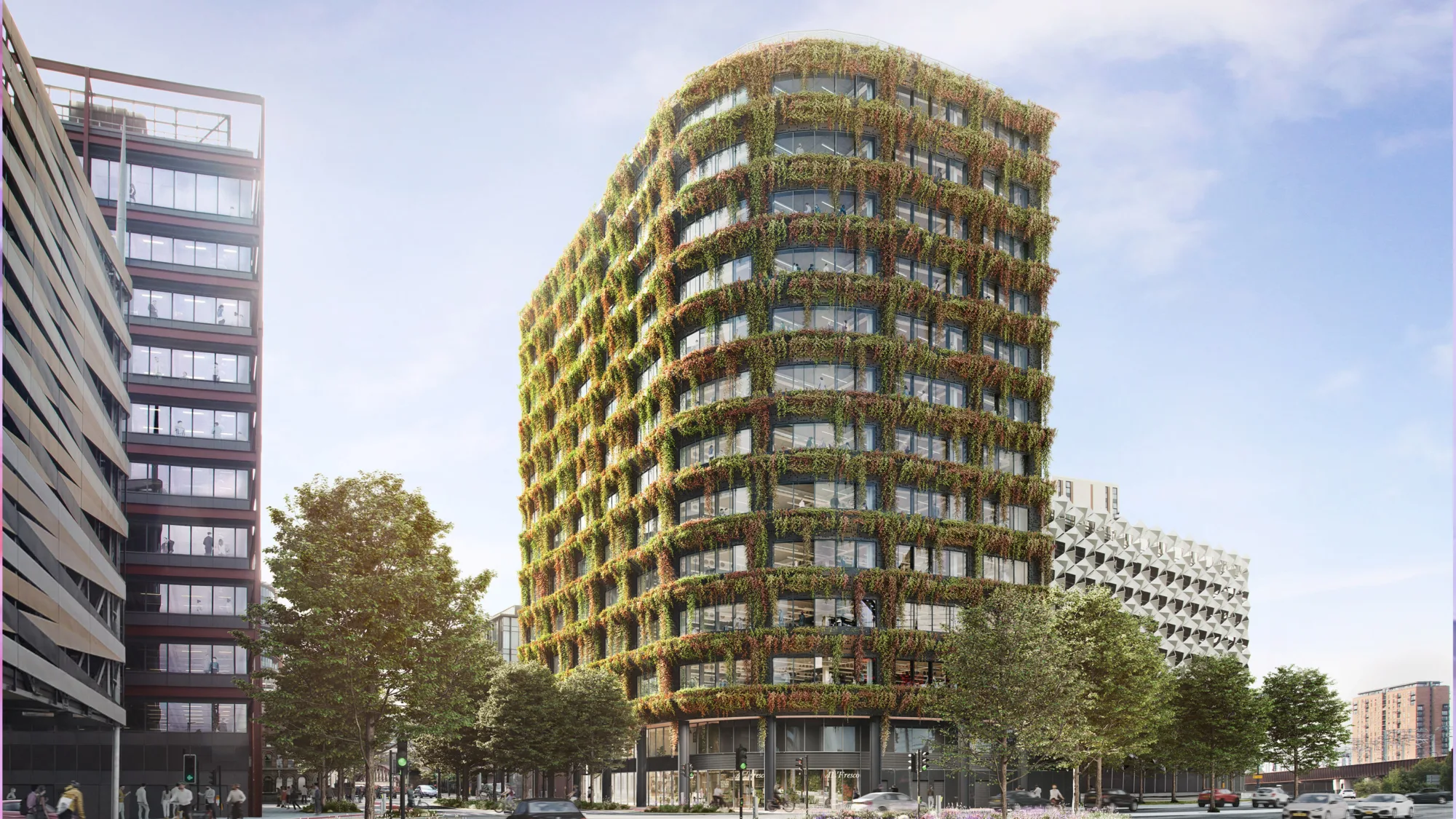 Exterior of office building covered with foliage