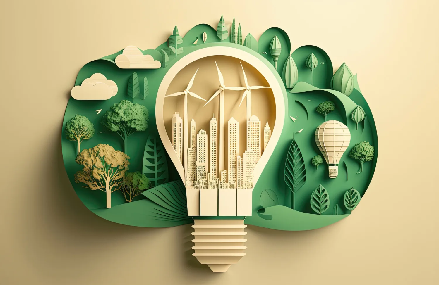 Paper cut of light bulb with green eco city. Generative AI