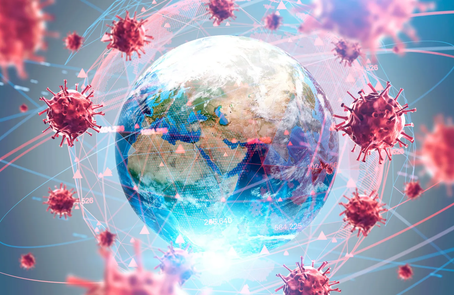 Globe surrounded by a network of Covid particles