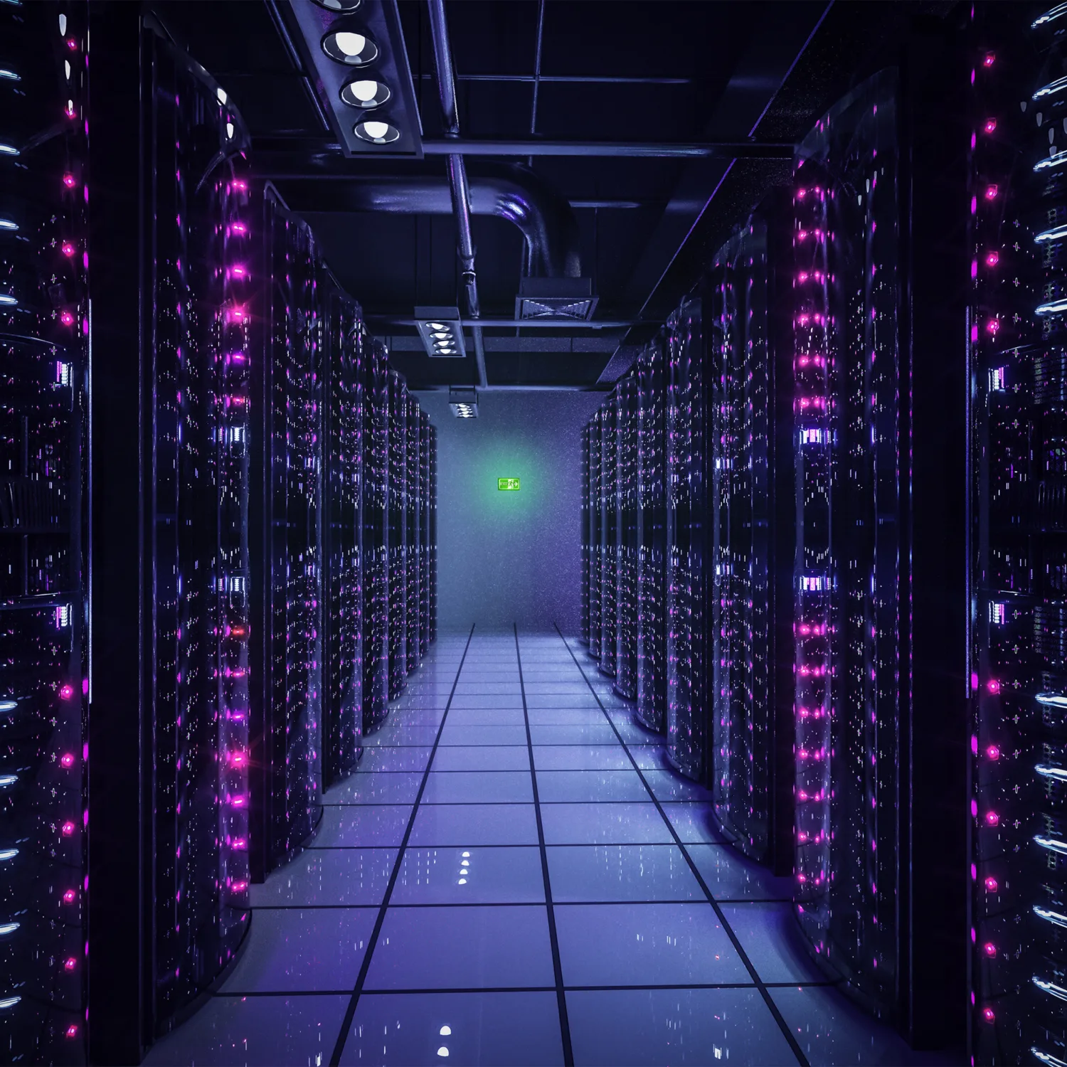 Long corridor of servers lit with pale blue and pink lights with an illuminated exit sign on the back wall