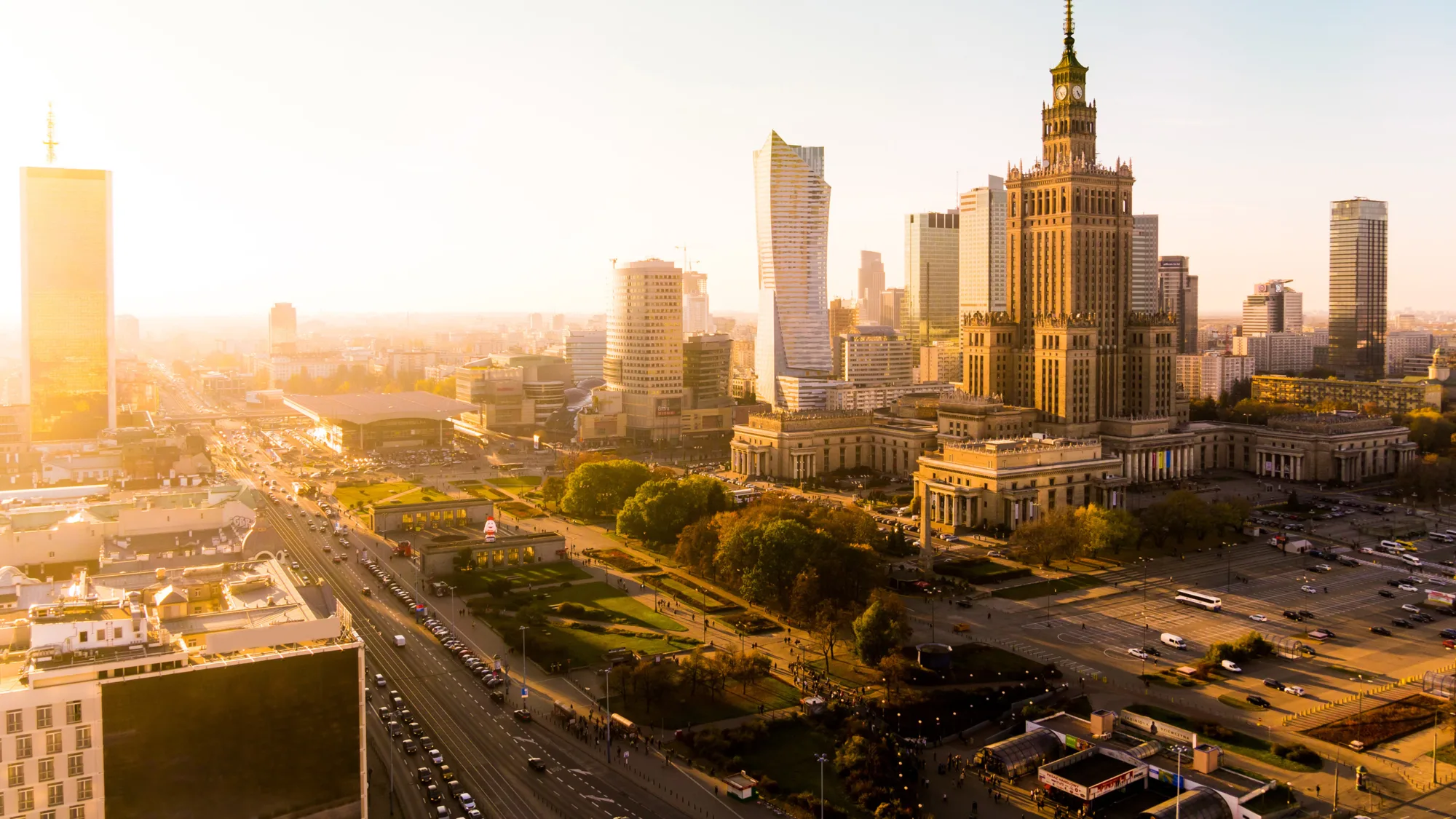 City view of Warsaw buildings, park and main road