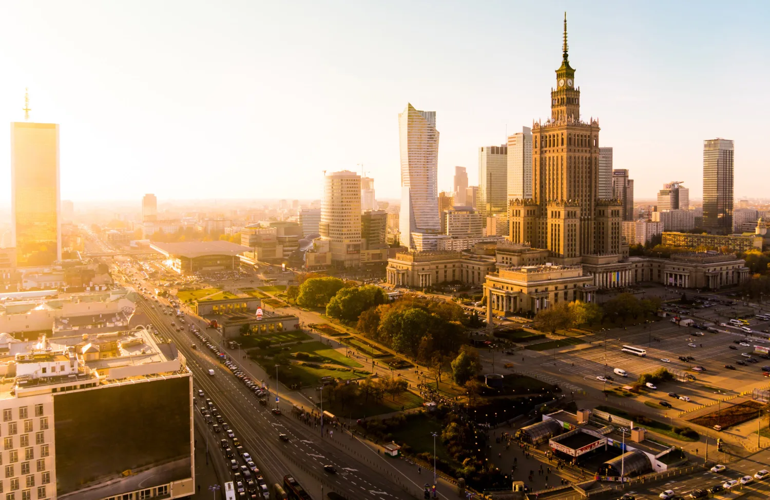 City view of Warsaw buildings, park and main road