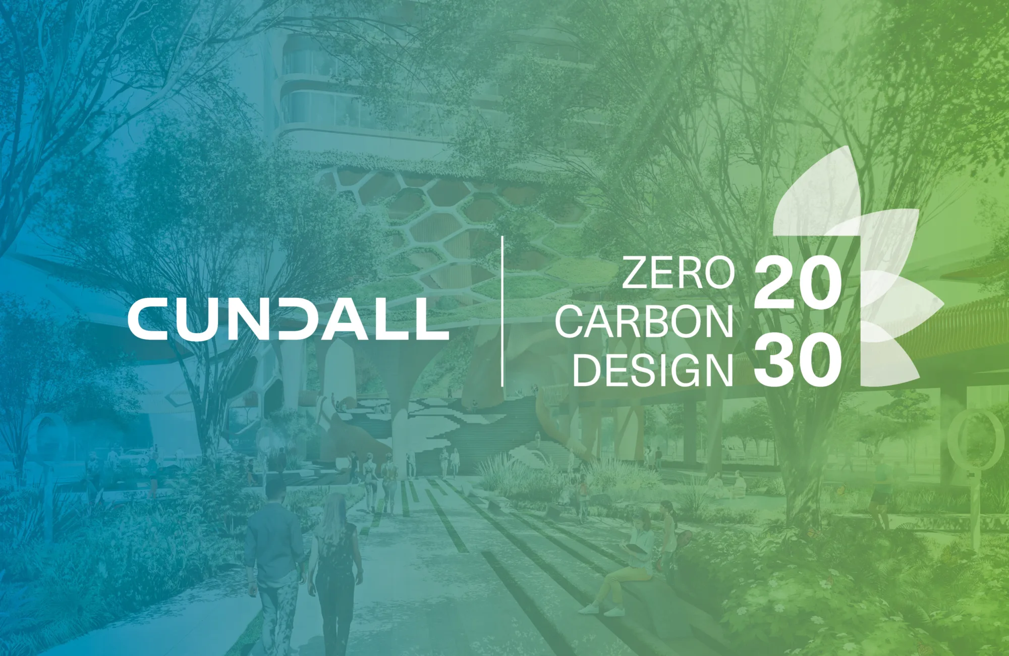 Project render with a blue to green gradient and Cundall and Zero Carbon Design 2030 logo