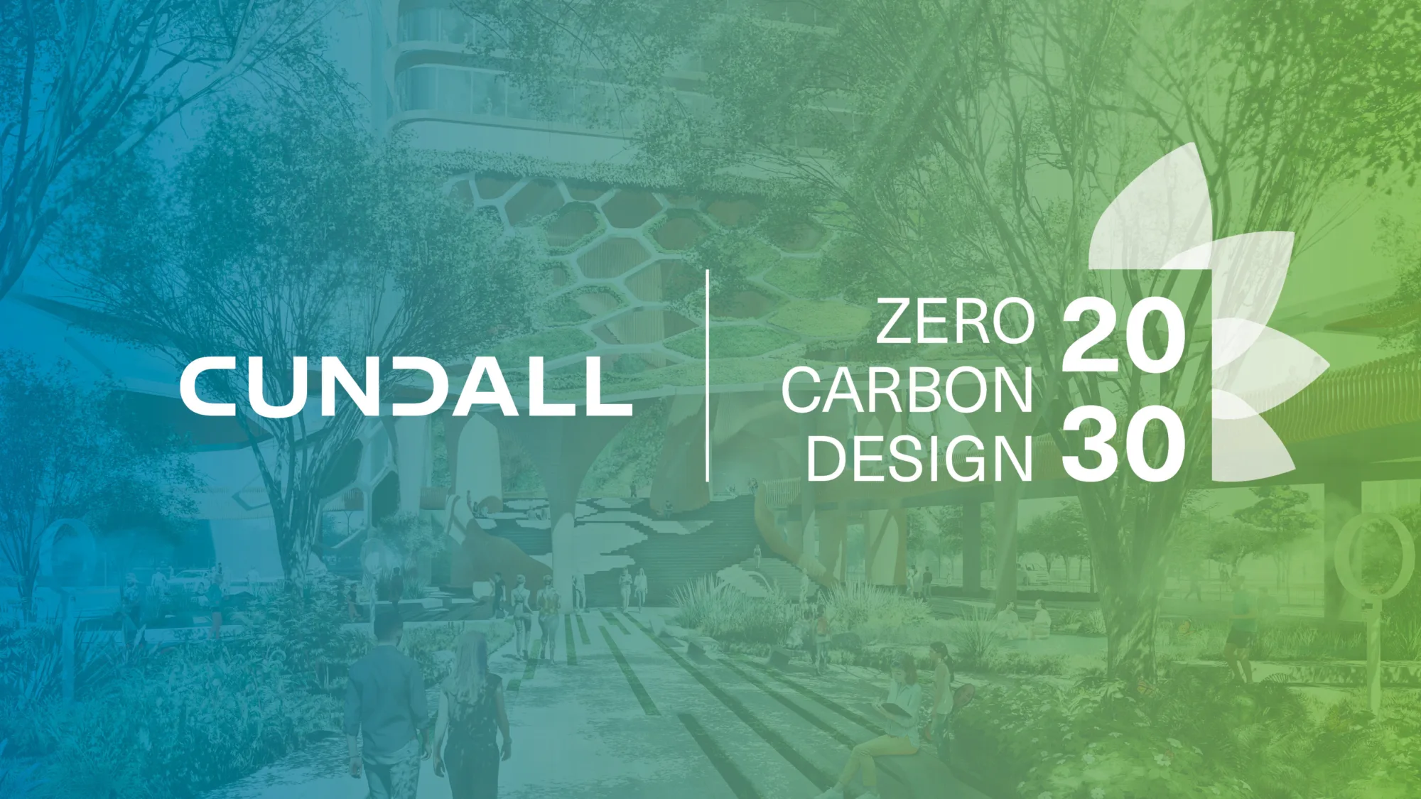 Project render with a blue to green gradient and Cundall and Zero Carbon Design 2030 logo